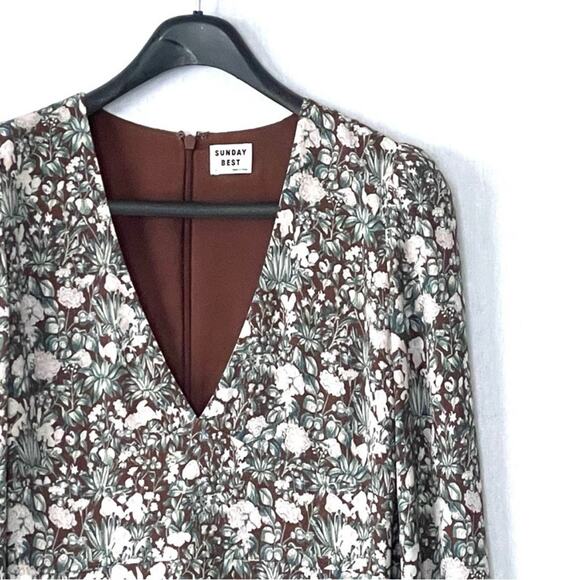 EUC Aritzia Sunday Best Grayson Floral Print Long Sleeve Mini Dress 8 Mocha Teal - Picture 5 of 16
